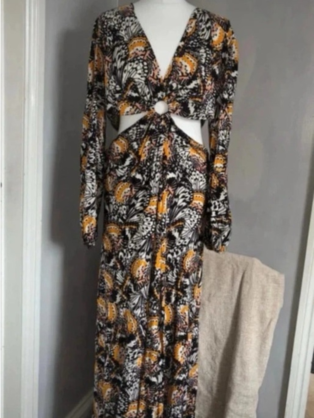 Cutout Ring-Front Maxi Dress in Black and Yellow